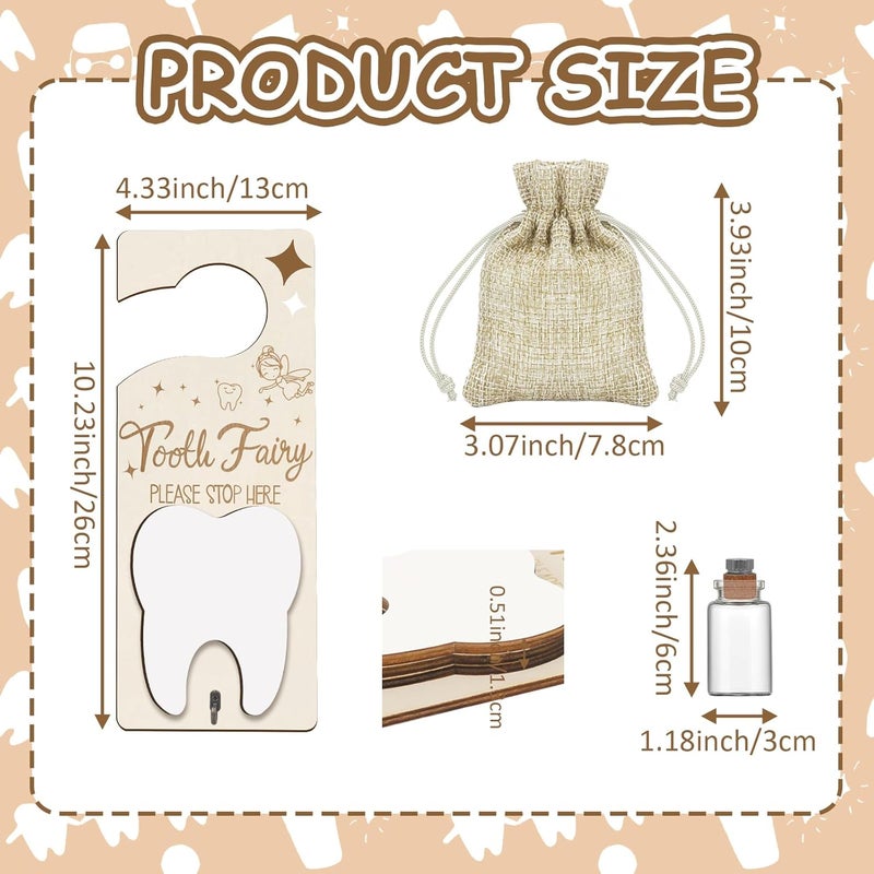 AINBIN Store Tooth Fairy Door Hanger, Tooth Fairy Tooth Holder Kit with Money Slot Keepsake Bottle Burlap Pouch & Upgrade Night Light, Wooden Encourage Gift for Kids Children Boys Girls Lost Teeth (Brown) - Image 5